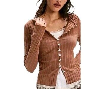 Free People Tilly Cardigan Small Ribbed Long Sleeve Button Front Otter Brown NEW